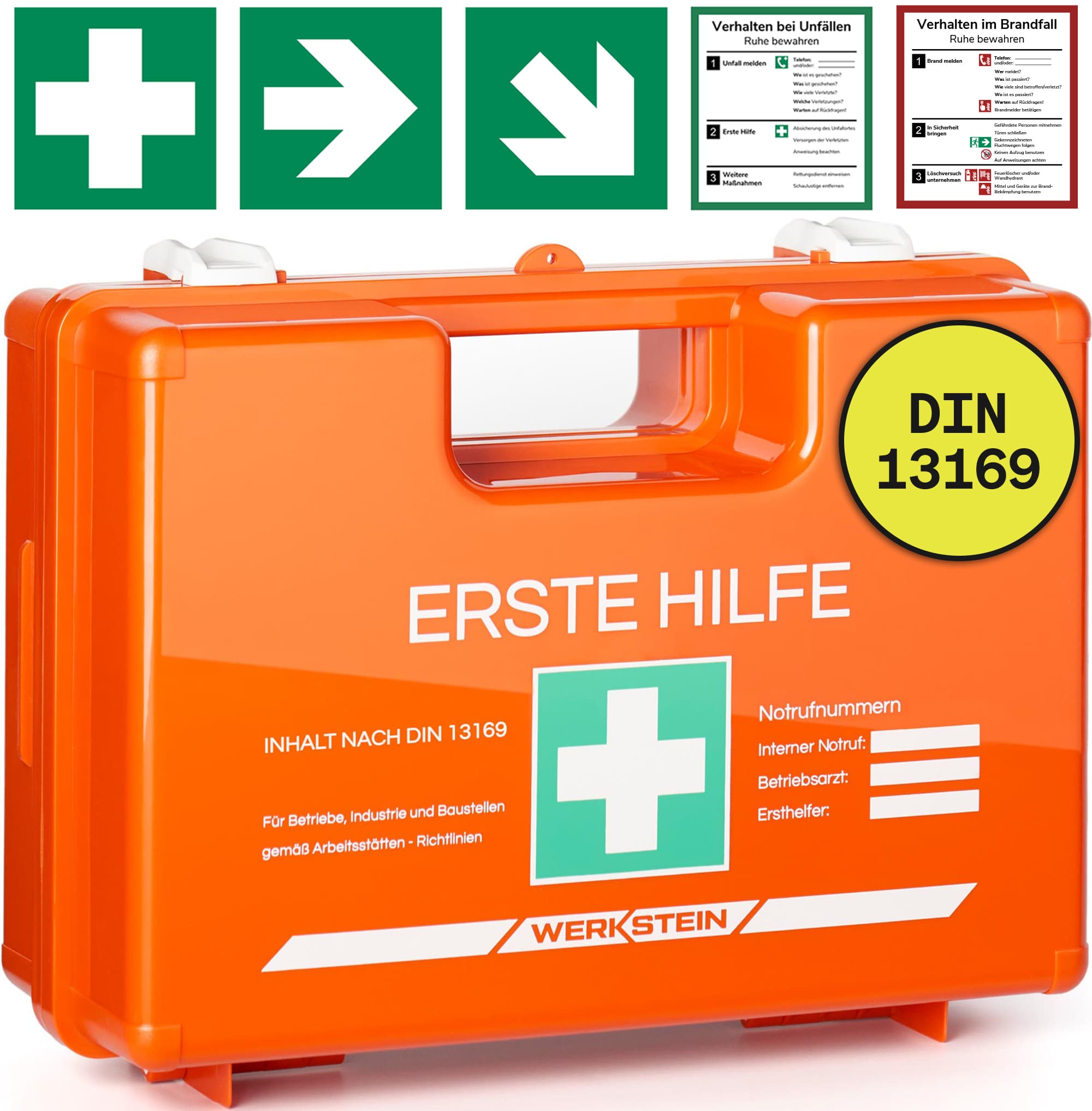 WERKSTEIN Erste-Hilfe-Koffer DIN 13169 in orange mit Aufklebern und Notfallhinweisen