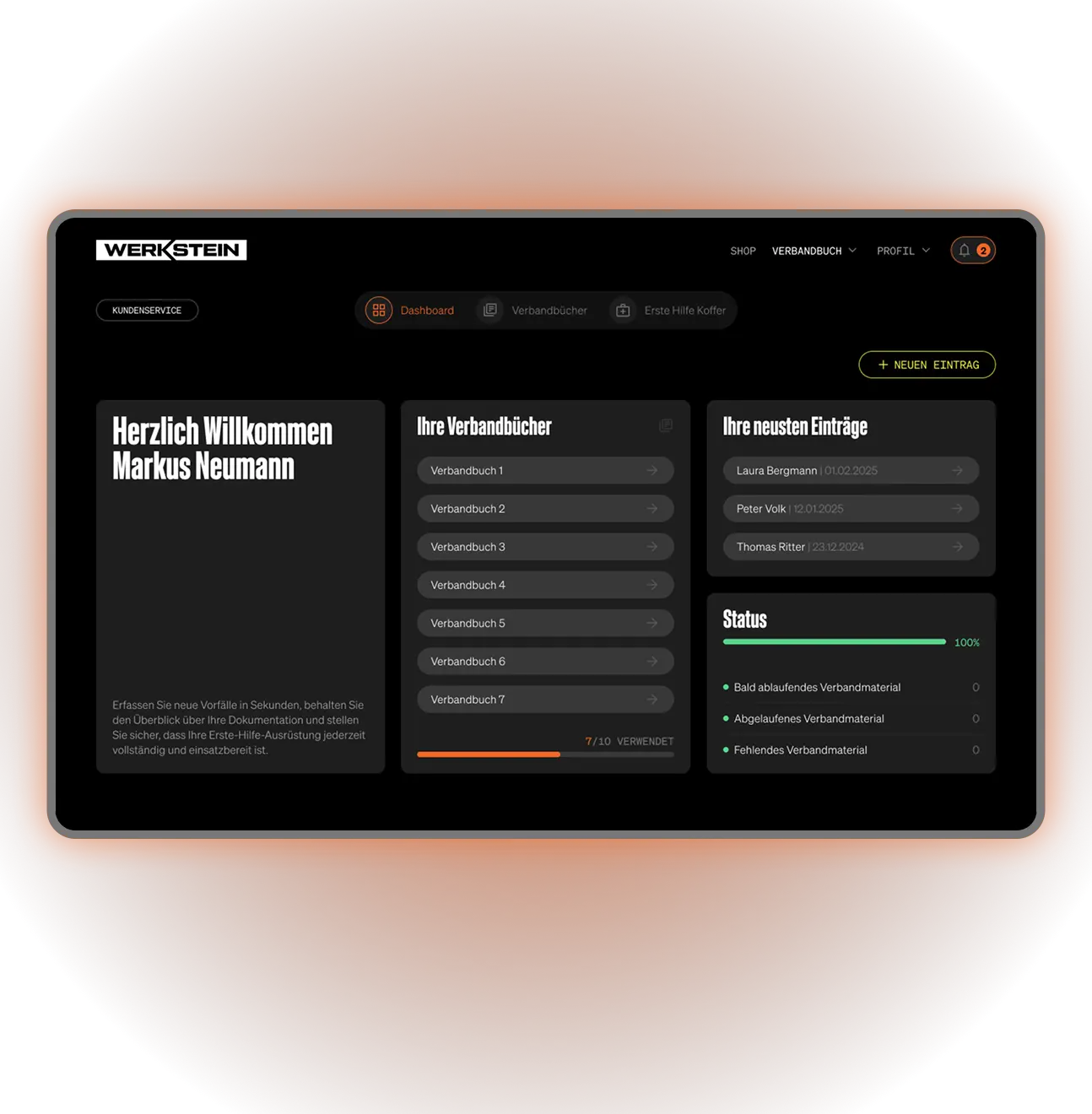 Dashboard von der Online-Verbandbuch-App mit einer Liste von Einträgen und Verbandbücher sowie dem Status der Erste-Hilfe-Kästen.